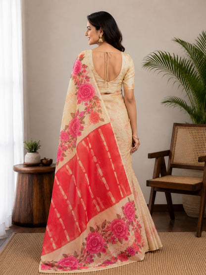 Elegant Cream and Red Floral Hand-Block Saree