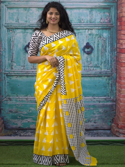 Sunshine Yellow Geometric Cotton Saree