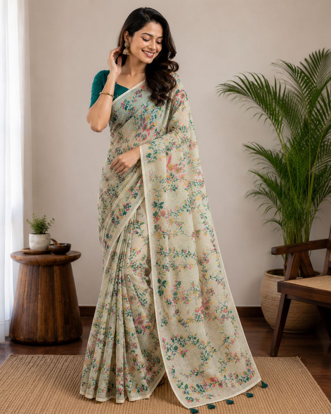 Off-White Floral Botanical Print Saree with Teal Shimmer Blouse