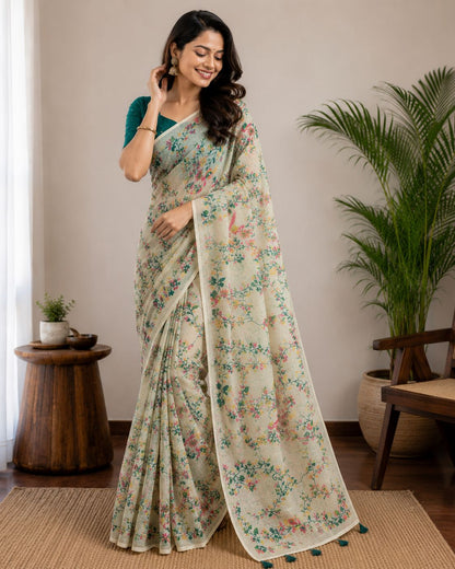 Off-White Floral Botanical Print Saree with Teal Shimmer Blouse