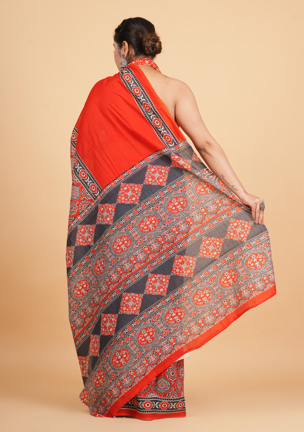 Vibrant Red and Charcoal Geometric Block-Print Saree