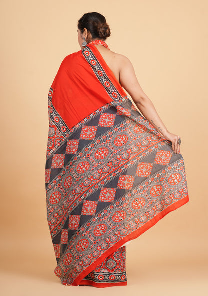 Vibrant Red and Charcoal Geometric Block-Print Saree