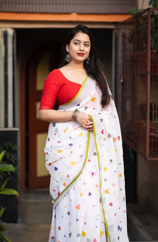 White base with multicolored Hearts Printed Linen Saree