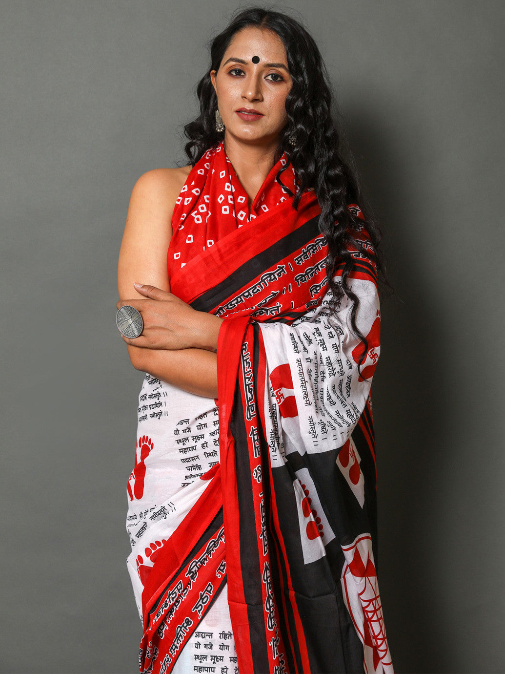 Bold Red Spiritual Motif Printed Saree with Bandhani-Style Blouse