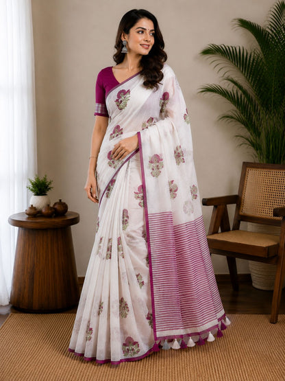 White Rose-Printed Linen Saree with Tassel Detail