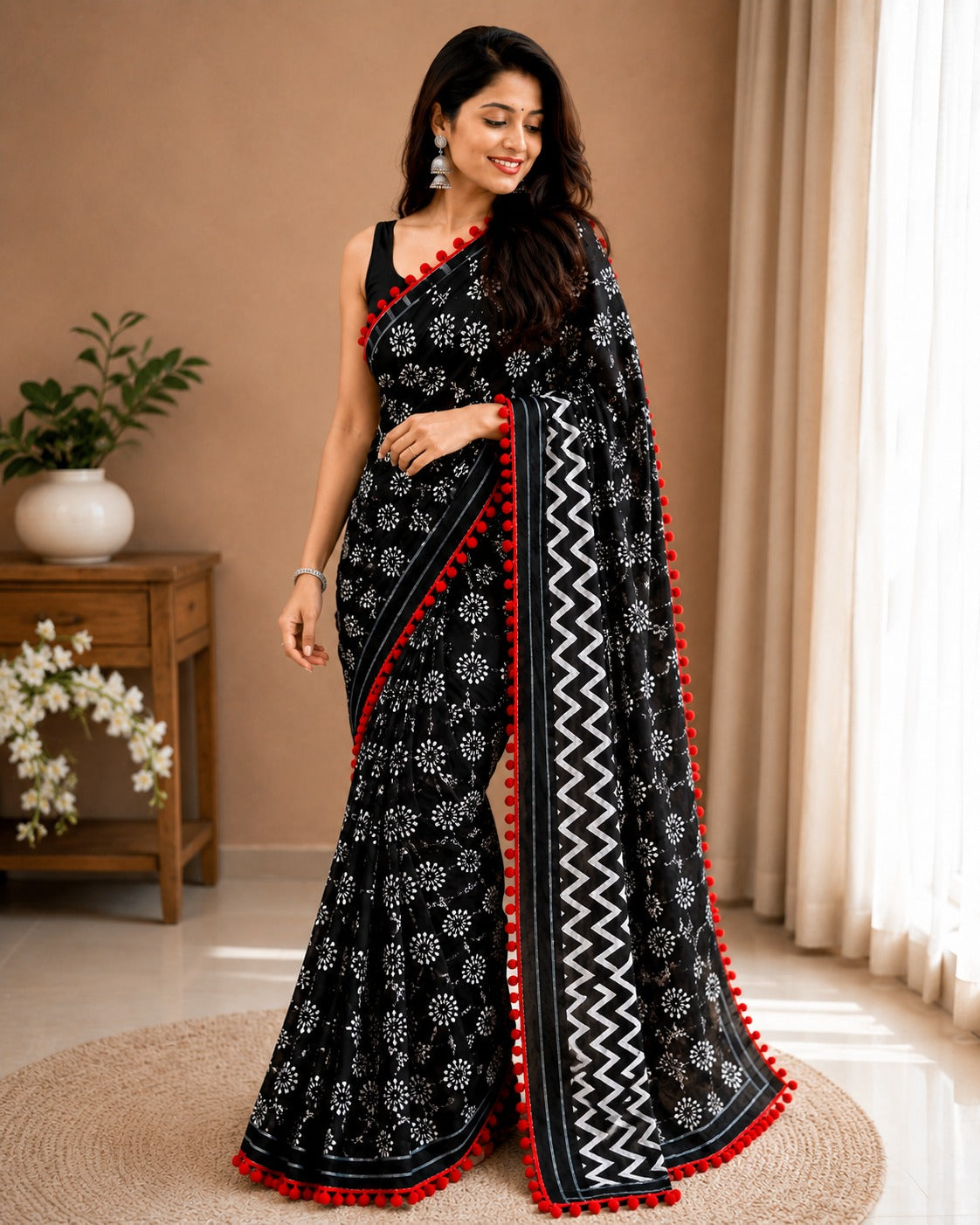 Black and White Floral Print Saree with Red Pom-Pom Lace