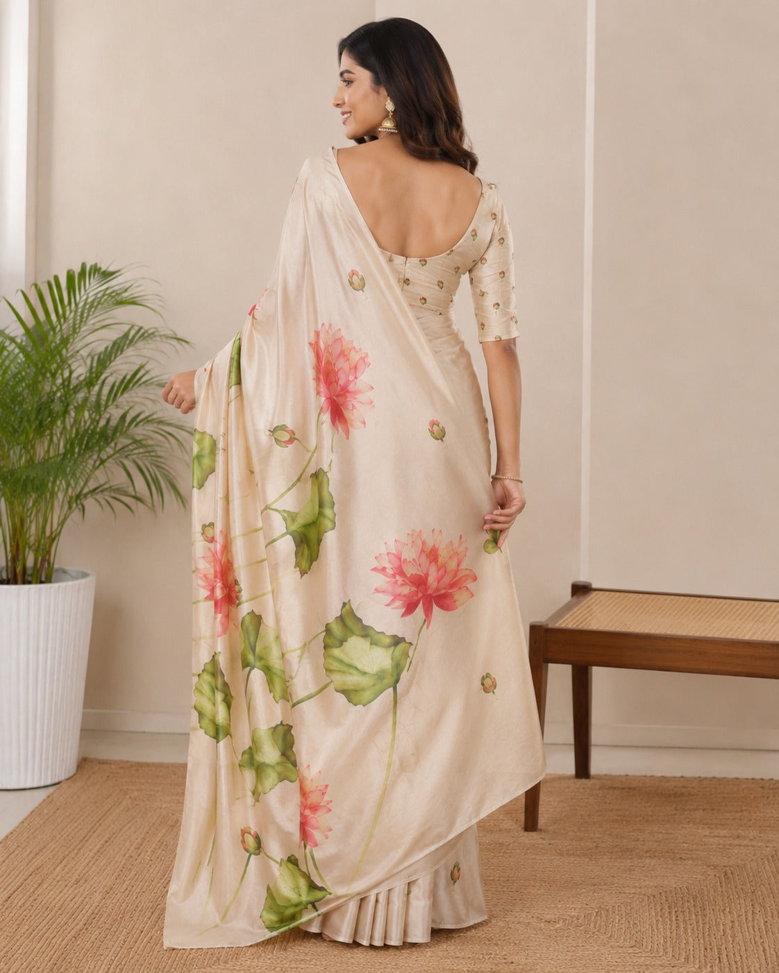 Cream Lotus Painted Erode Silk Saree