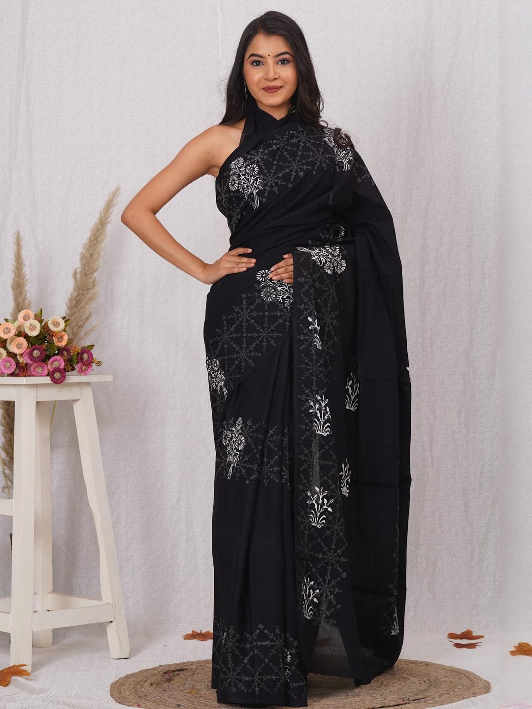 Black Floral Printed Saree with Geometric Details