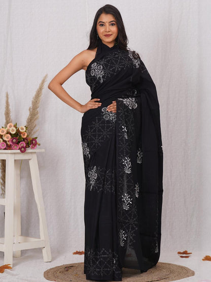 Black Floral Printed Saree with Geometric Details