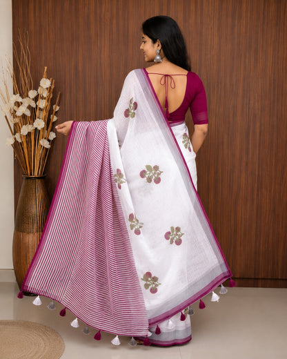 White Linen Saree with Magenta Floral Print