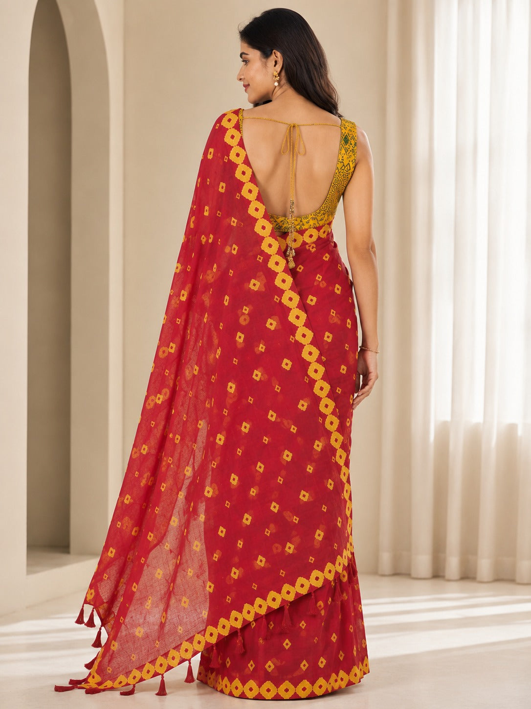 Red and Yellow Patterned Saree
