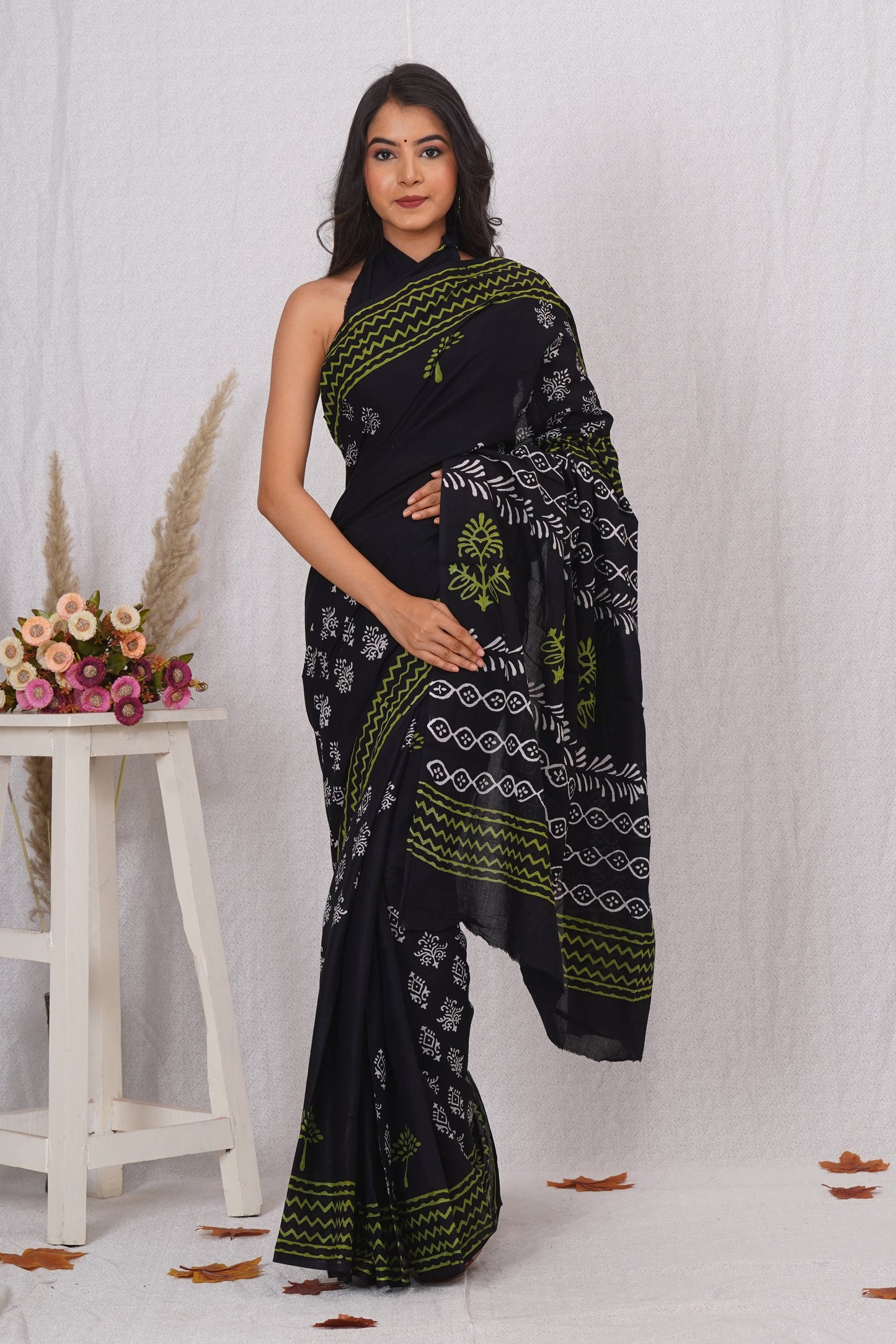 Black and Lime Green Abstract Printed Saree