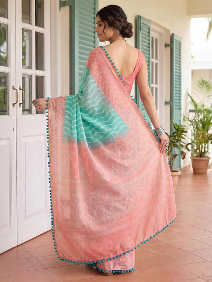 Aqua Blue and Peach Saree with Pom-Pom Lace