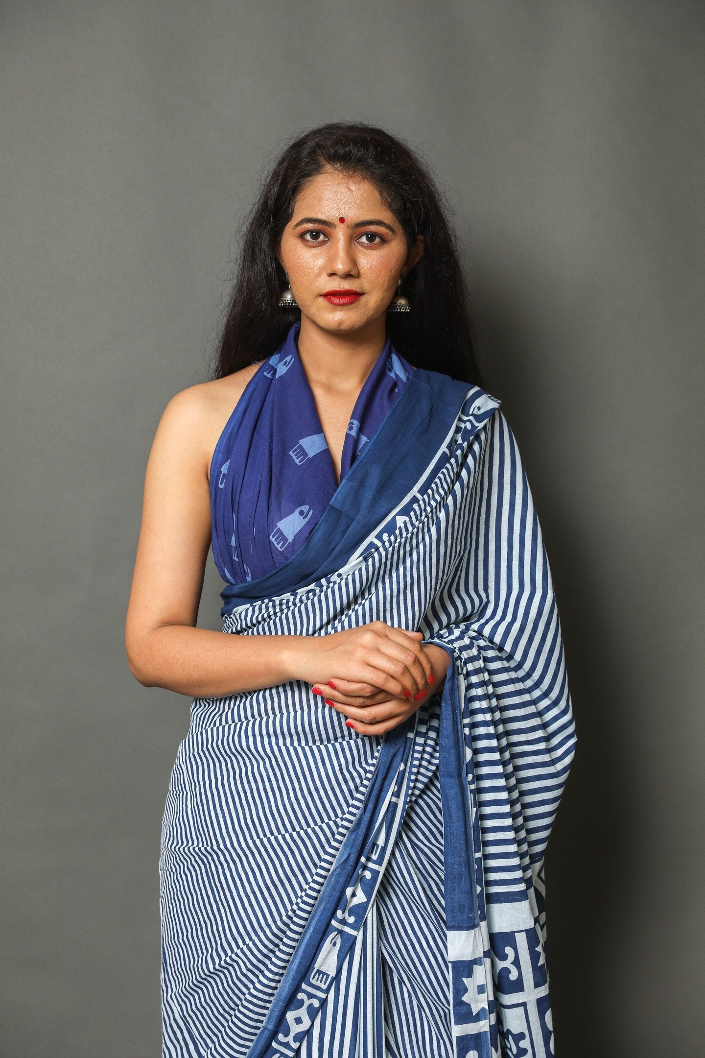 Indigo and White Striped Block-Printed Saree