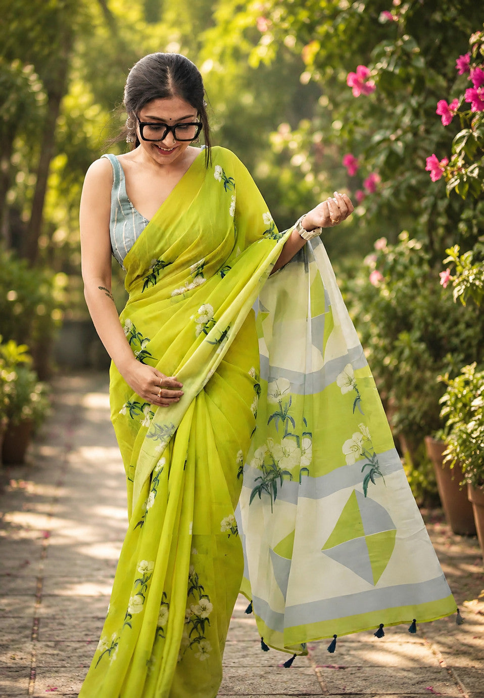 Lime Green Floral Print Saree with Geometric Pallu