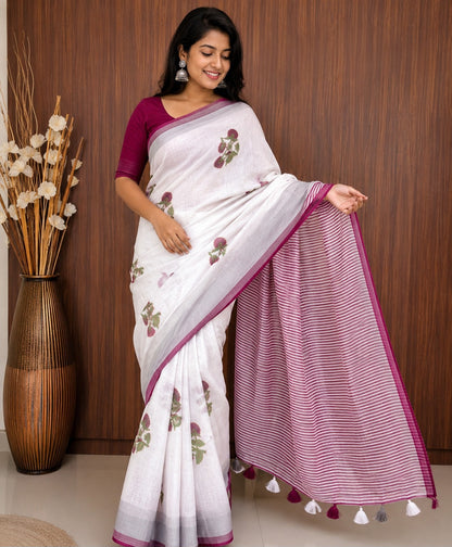 White Linen Saree with Magenta Floral Print