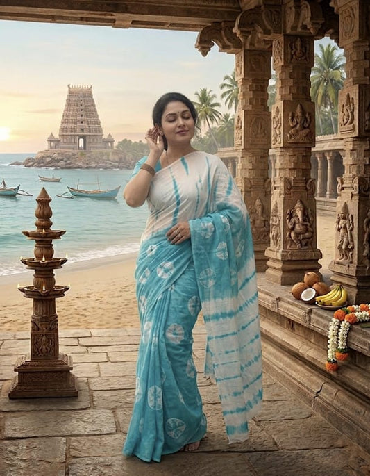 Turquoise and White Tie-Dye Saree with Shibori Motifs