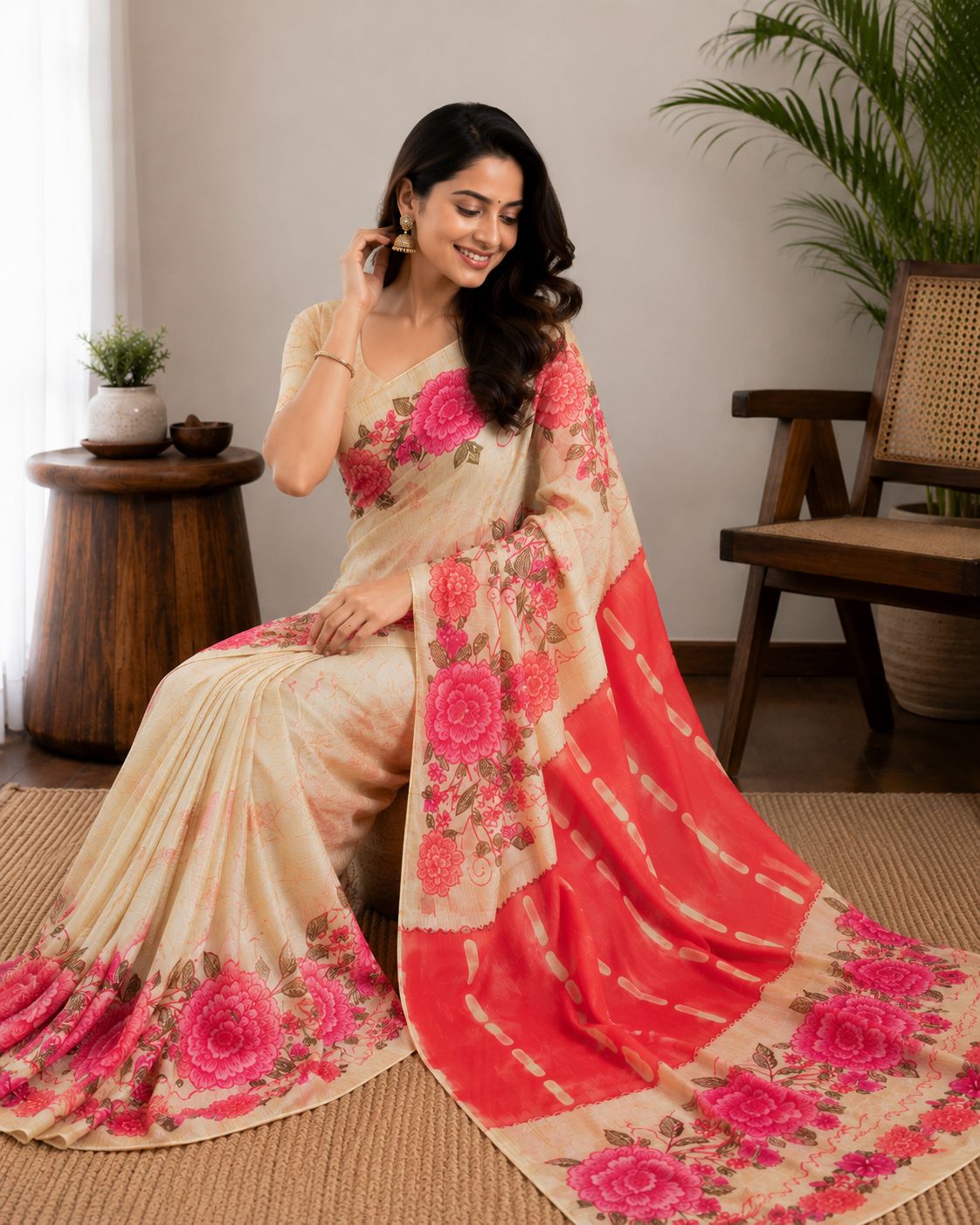Elegant Cream and Red Floral Hand-Block Saree