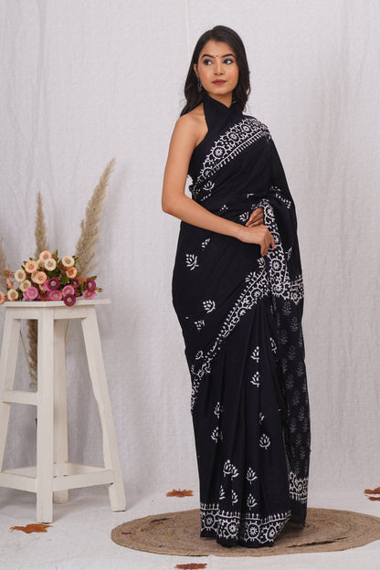Classic Black and White Floral Batik Saree