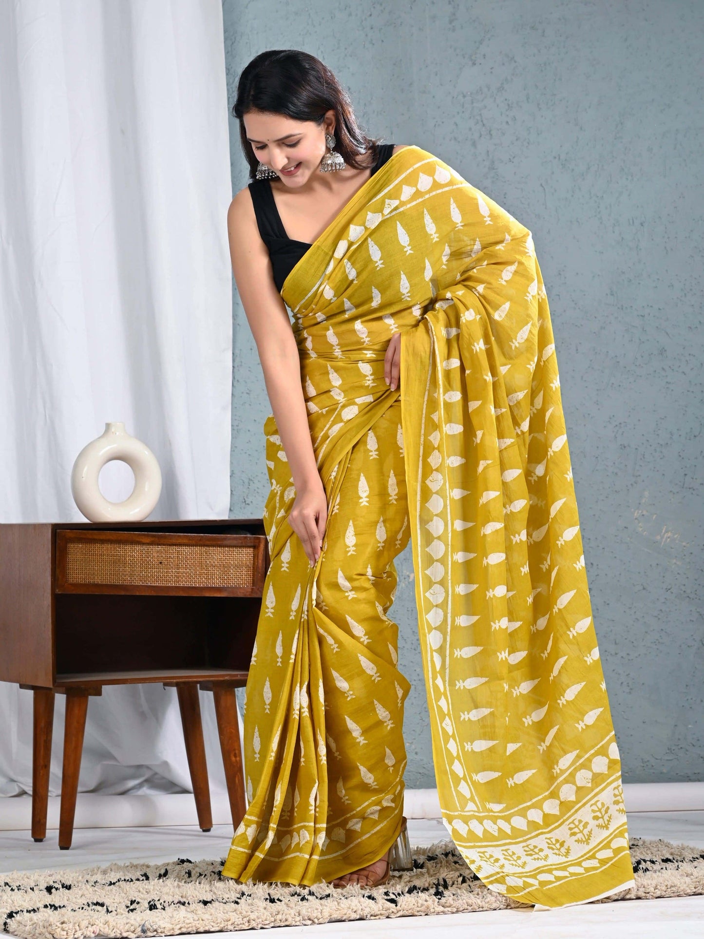 Mustard Yellow Cotton Saree with White Block Prints