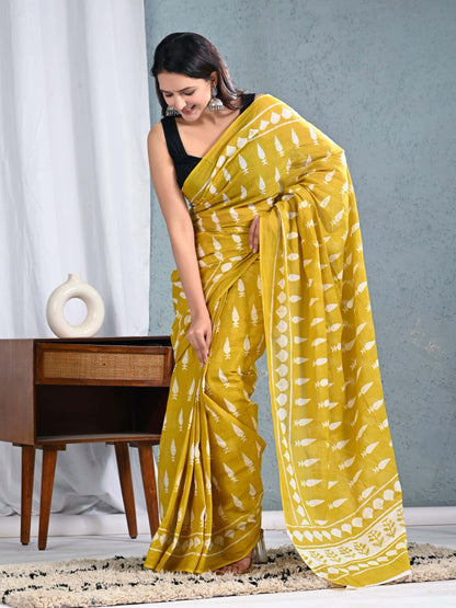 Mustard Yellow Cotton Saree with White Block Prints