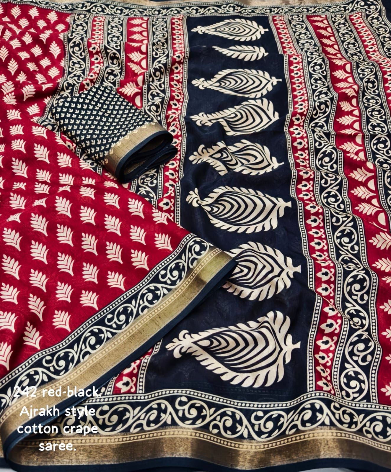 Red and Black Ajrakh Style Cotton Crape Saree