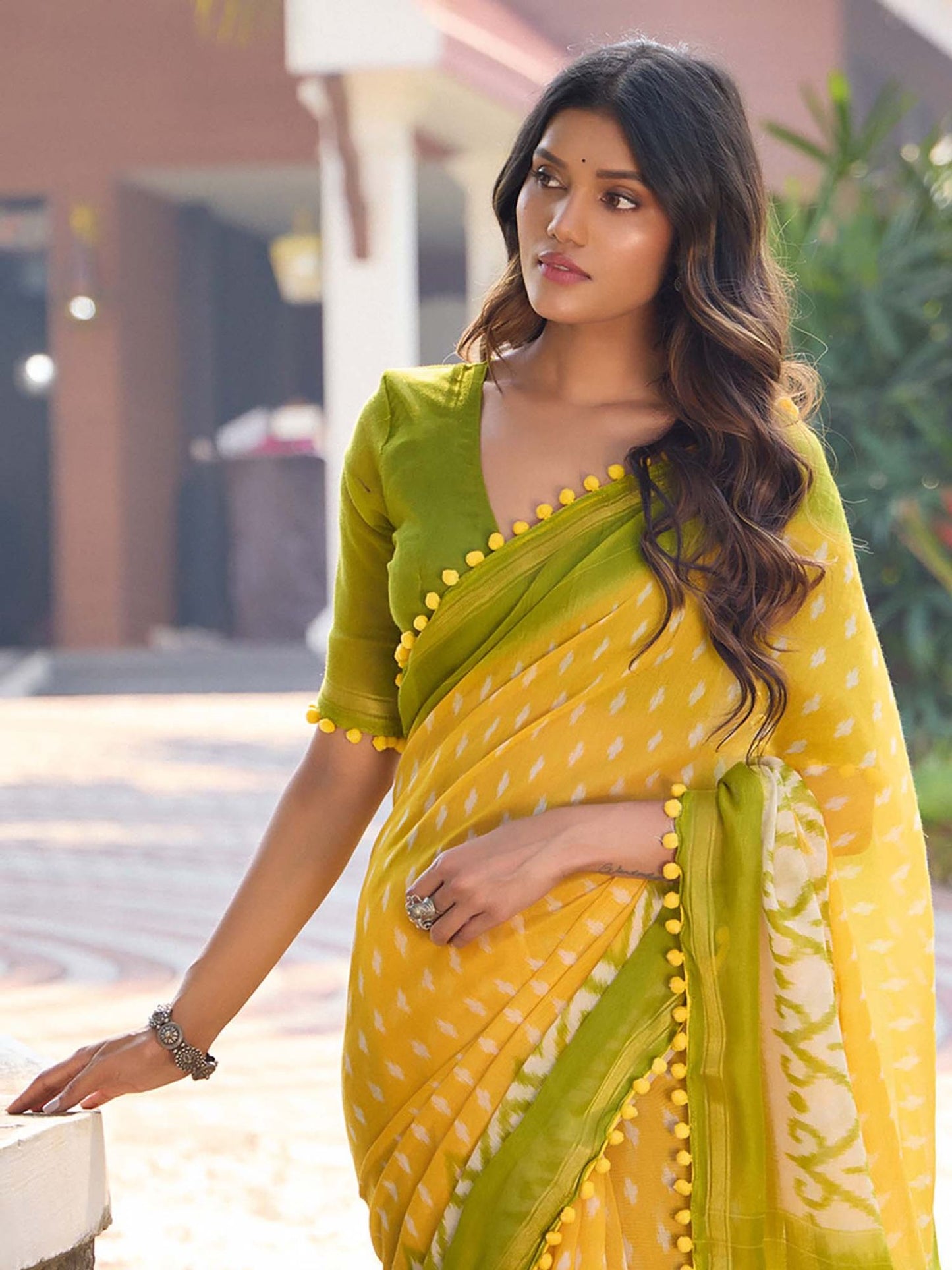 Yellow and Olive Green Ikat Print Saree with Pom-Pom Lace