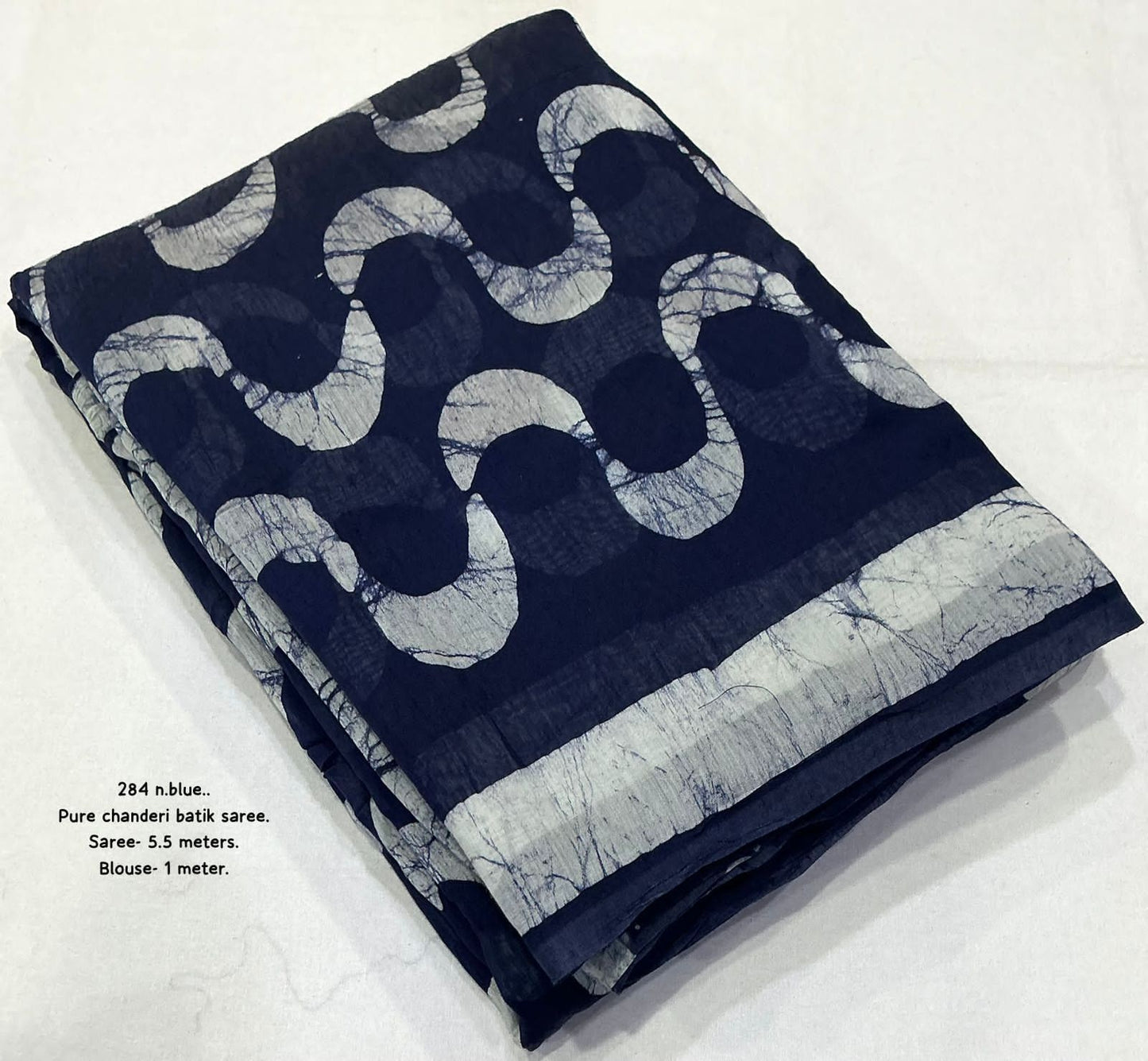 Navy Blue and White Wave-Pattern Batik Saree