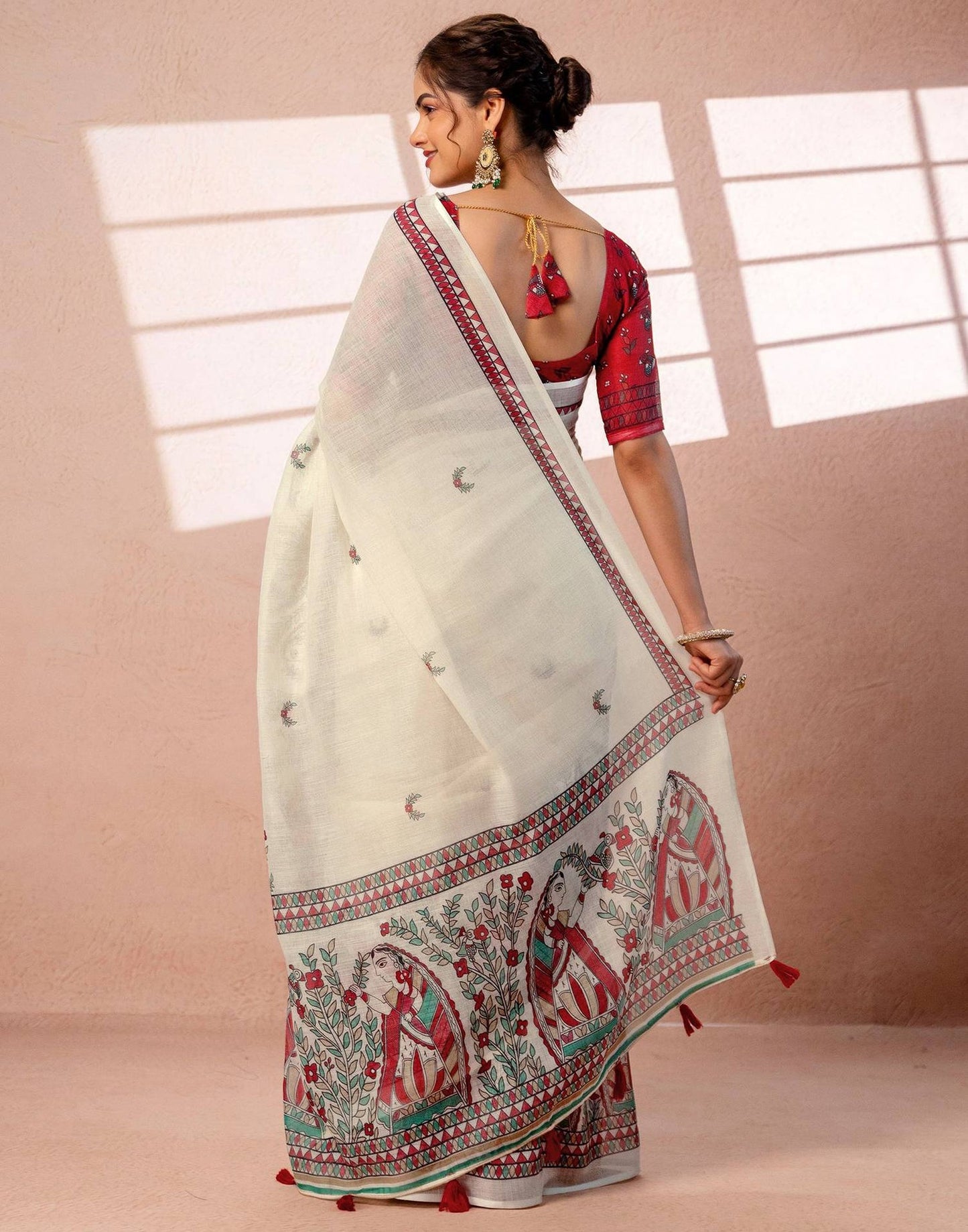 Off-White Linen Saree with Red and Teal Folk Art Print