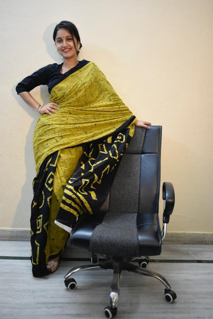 Mustard Yellow and Black Geometric Batik Saree