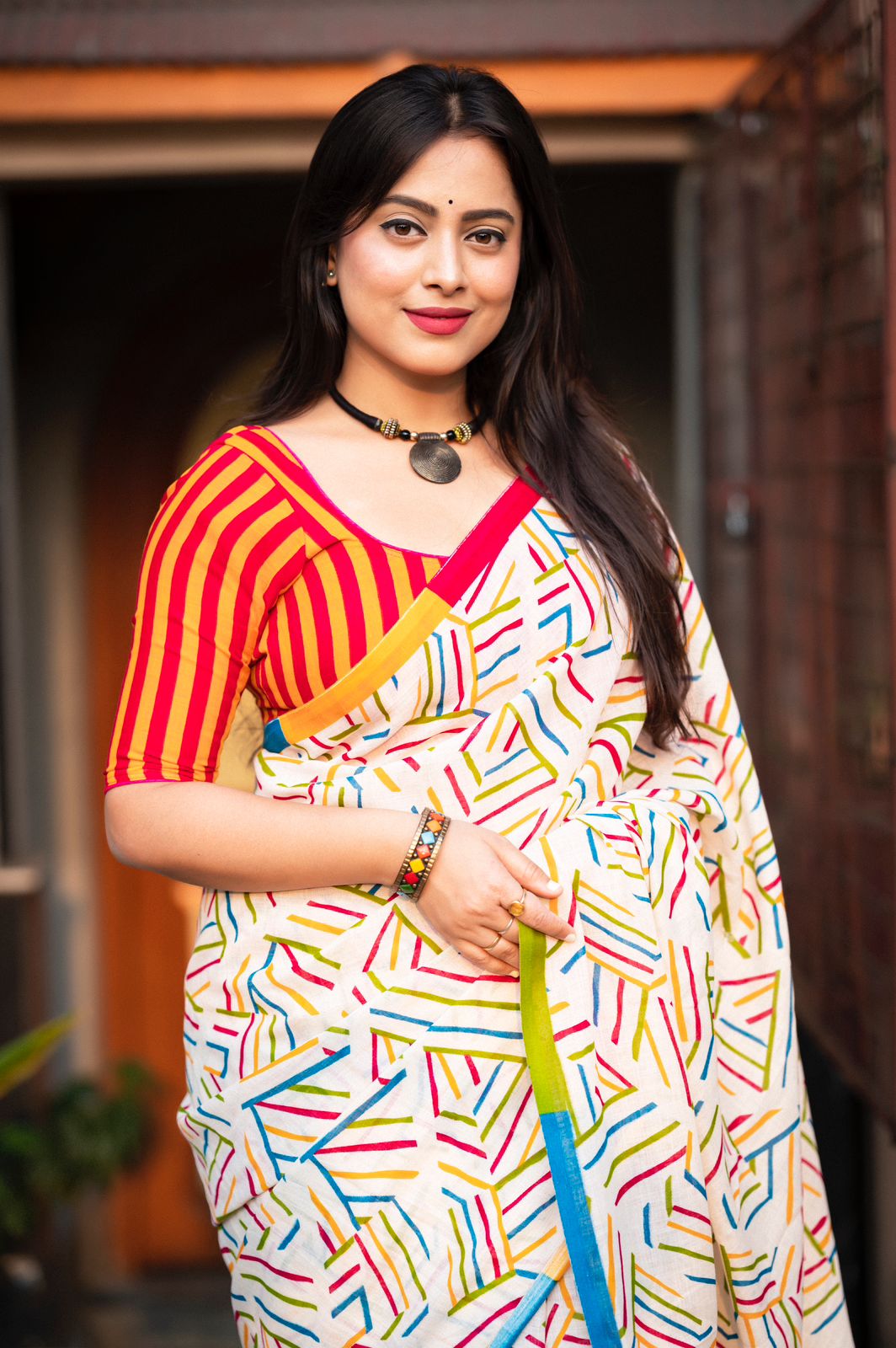 Abstract Geometric Print Saree with Striped Blouse