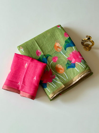 Light Green Linen Saree with Vibrant Lotus Prints