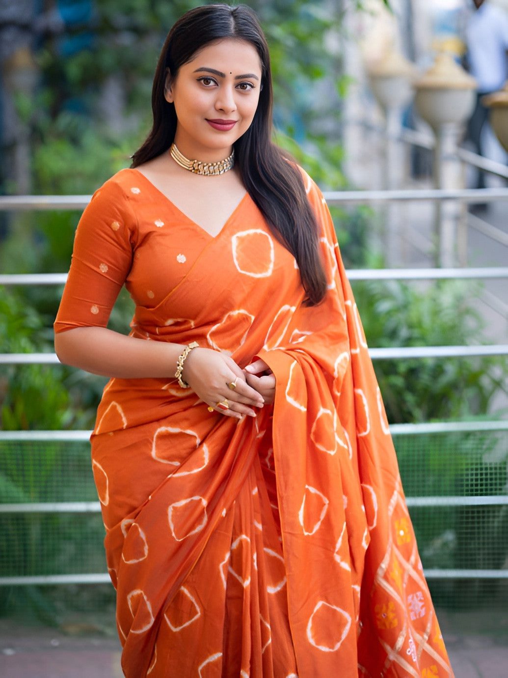 Vibrant Orange Tie-Dye Saree with Metallic Pallu