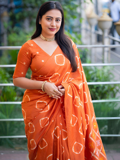 Vibrant Orange Tie-Dye Saree with Metallic Pallu