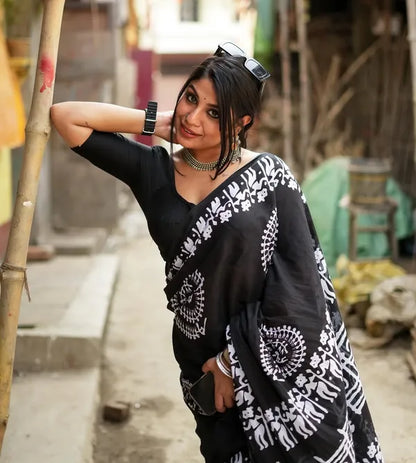 Classic Black and White Tribal Art Saree