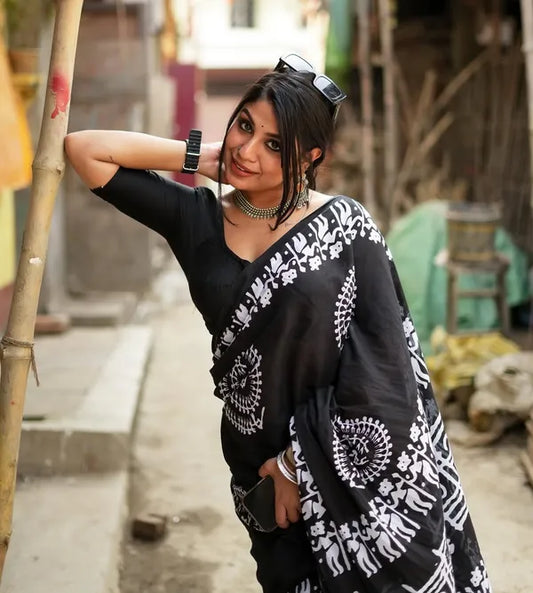 Classic Black and White Tribal Art Saree