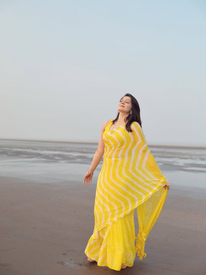 Radiant Yellow Chevron Leheriya Saree with Tassels