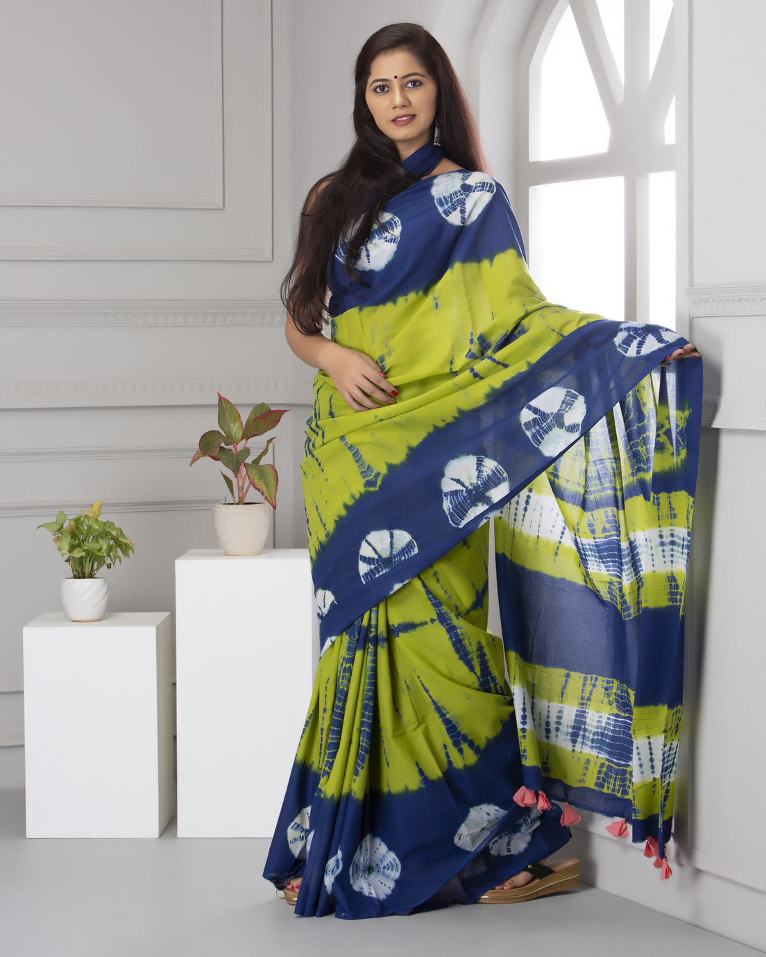 Lime Green and Indigo Tie-Dye Saree
