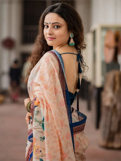 Cream Floral Printed Saree with Traditional Elephant Motifs