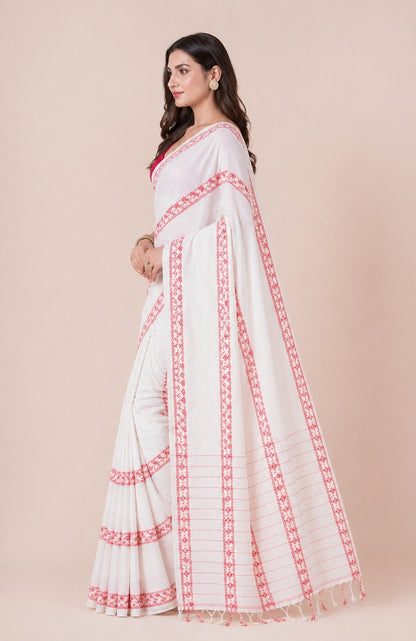 White Saree with Traditional Red Embroidery