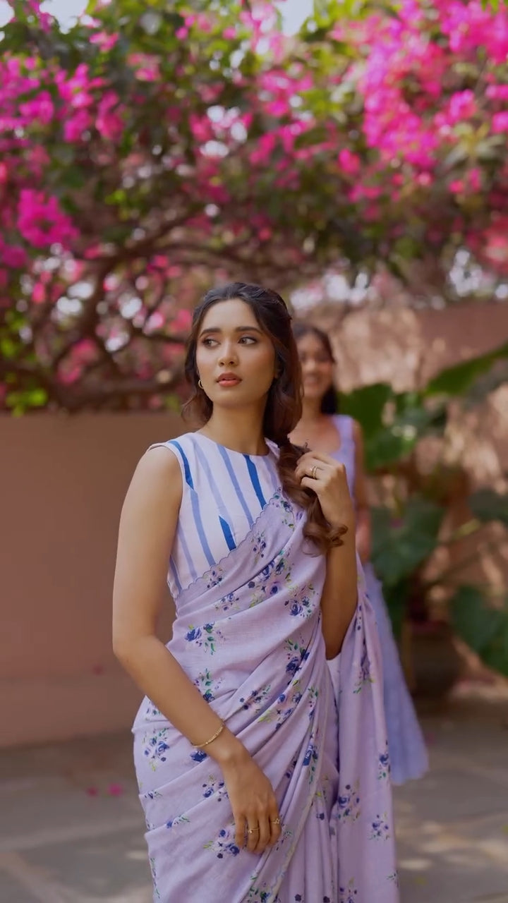 Lavender Floral Linen-Cotton Saree