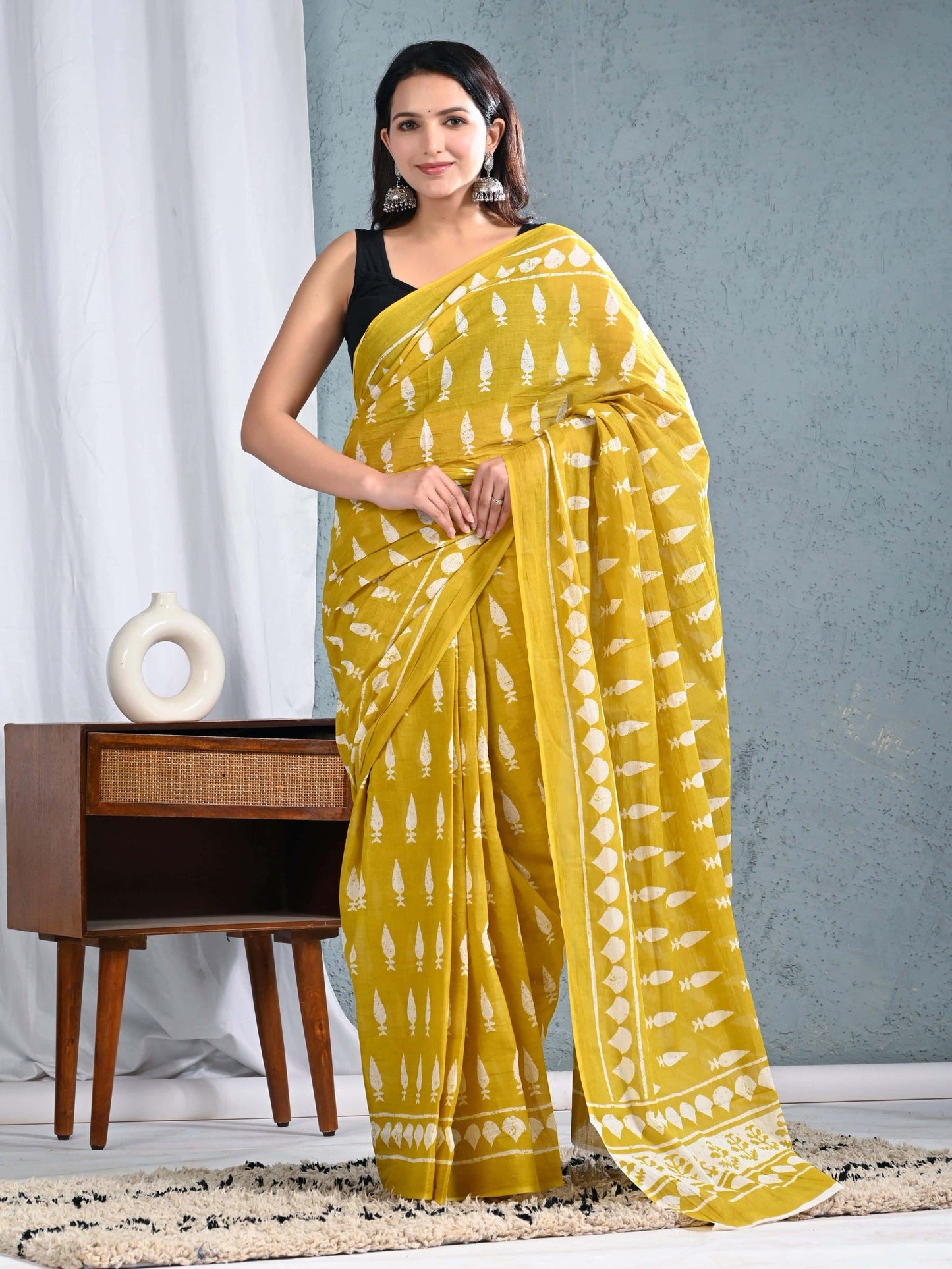 Mustard Yellow Cotton Saree with White Block Prints