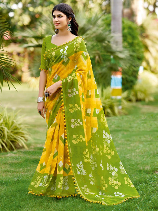 Yellow and Olive Green Printed Saree with Pom-Pom Lace