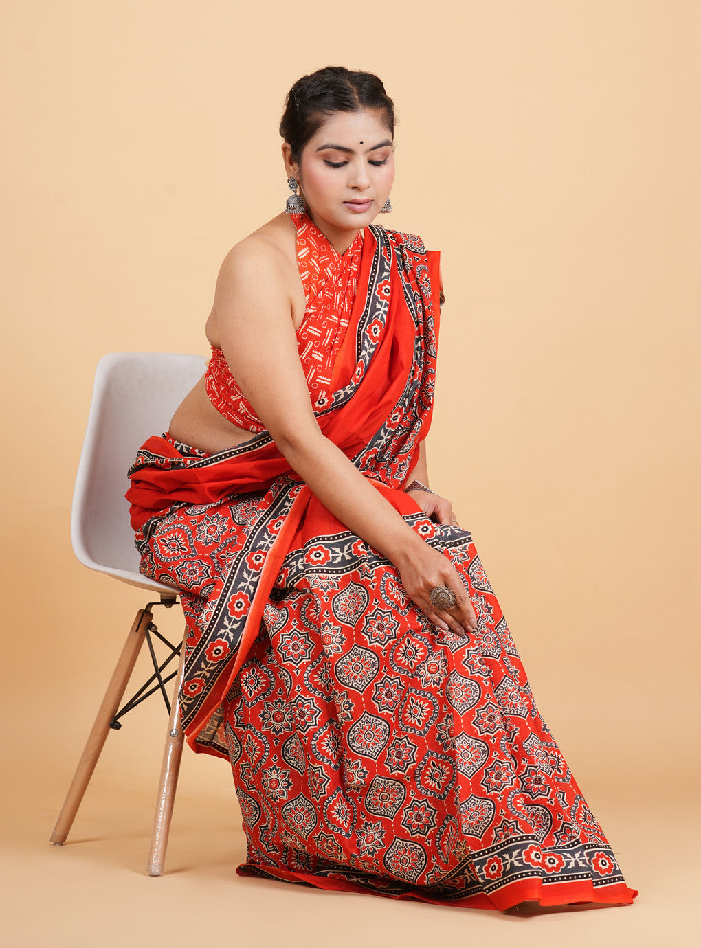 Vibrant Red and Charcoal Geometric Block-Print Saree