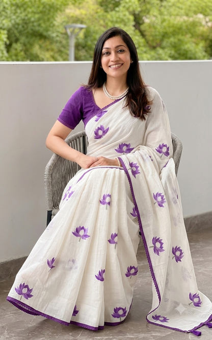 Ivory White & Royal Purple Linen Saree with Lotus Design