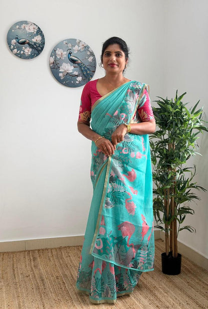 Teal Blue Linen Saree with Tropical Flamingo Print