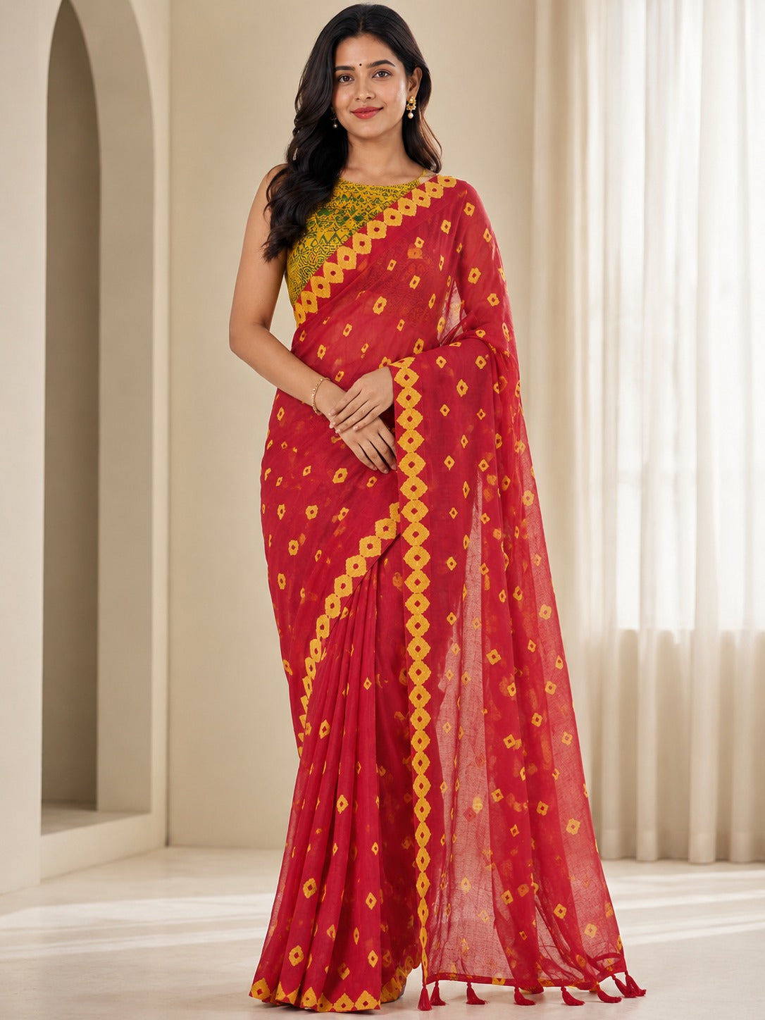 Red and Yellow Patterned Saree
