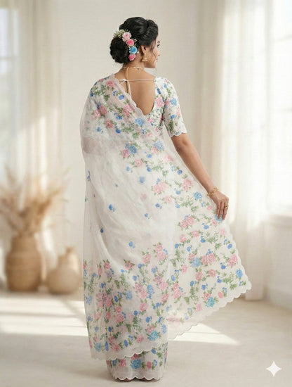 White Floral Printed Saree with Scalloped Edges