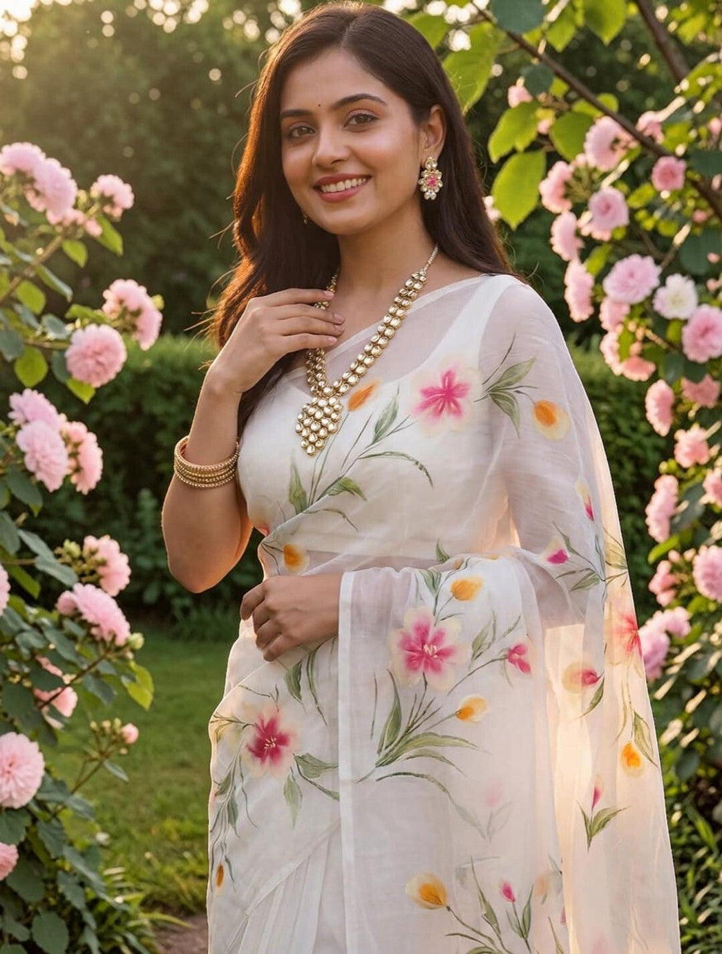 White Organza Saree with Hand-Painted Floral Motifs