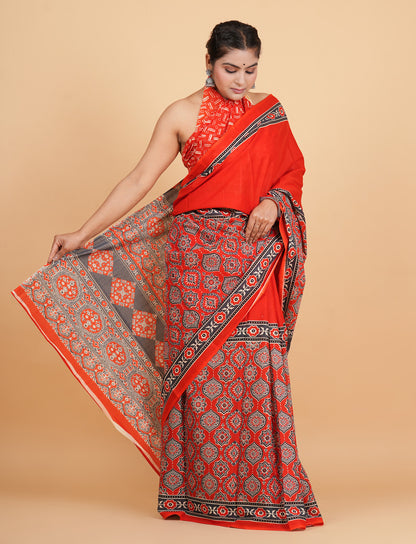 Vibrant Red and Charcoal Geometric Block-Print Saree